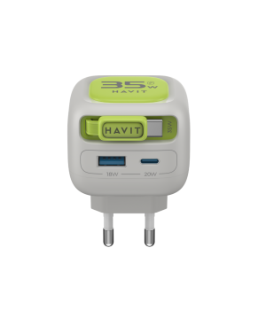 Incarcator retea Havit UC251 EU, PD35W, cablu retractabil, USB-C + USB-A, Gri + Verde