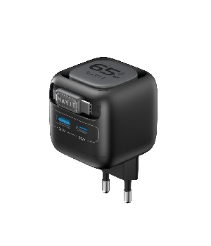 Incarcator retea Havit UC252 EU, 65W, cablu retractabil, incarcare casti, USB-C + USB-A, Negru + Gri