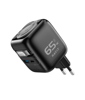 Incarcator retea Havit UC253 EU, 65W, cablu retractabil, USB-C + USB-A, Negru + Gri