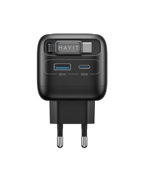 Incarcator retea Havit UC253 EU, 65W, cablu retractabil, USB-C + USB-A, Negru + Gri
