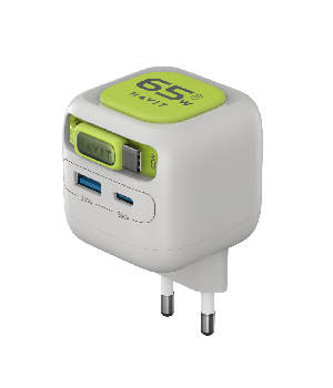 Incarcator retea Havit UC253 EU, 65W, cablu retractabil, USB-C + USB-A, Gri + Verde