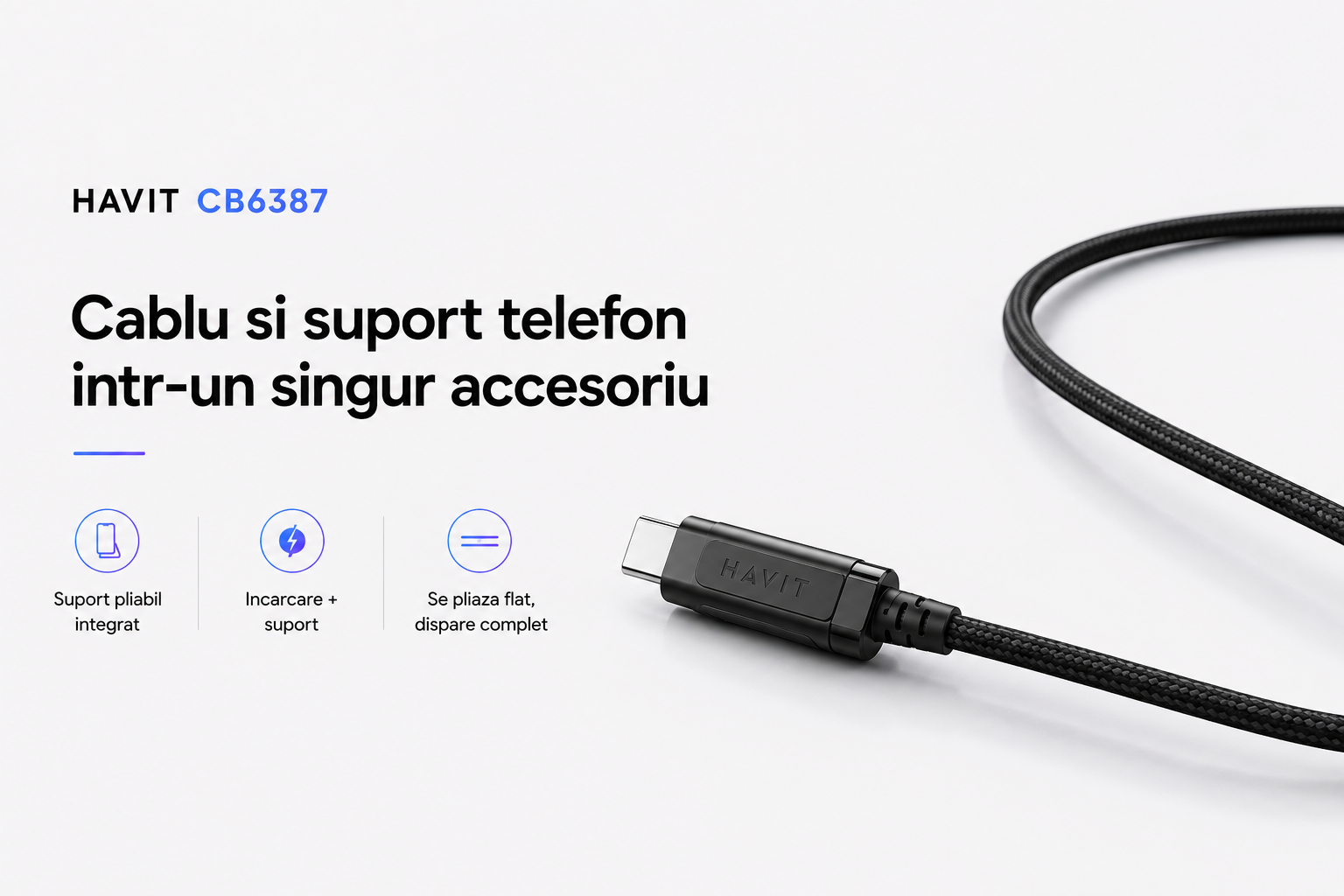 Cablu USB-C HAVIT CB6387 cu suport telefon pliabil integrat vedere generala