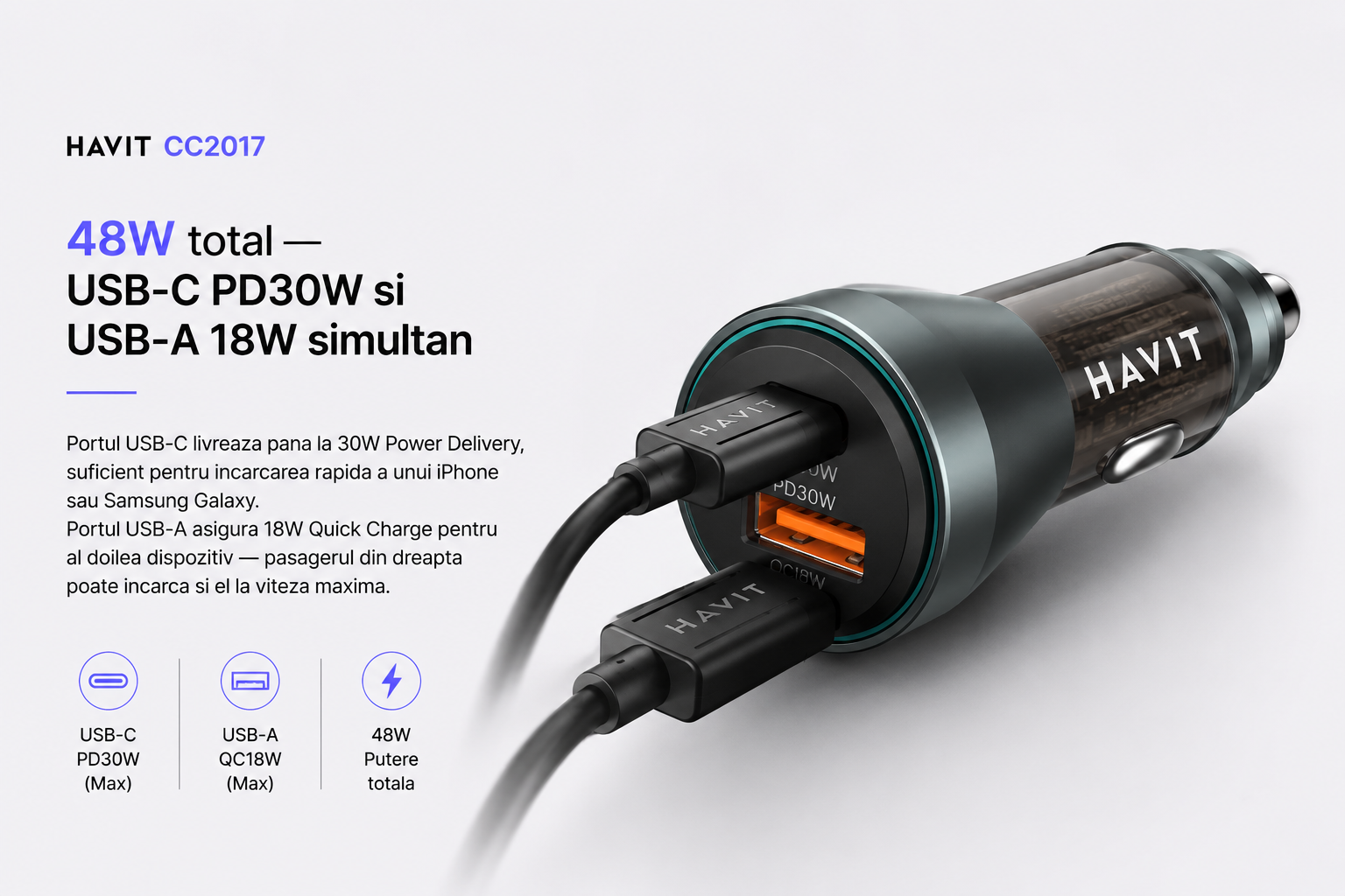 Incarcator auto HAVIT CC2017 48W USB-C PD30W USB-A 18W vedere generala negru albastru