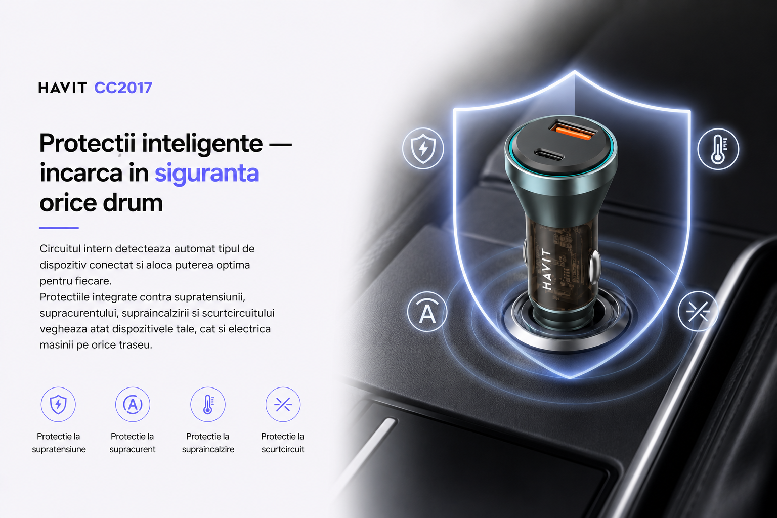 HAVIT CC2017 utilizare in masina incarcare smartphone protectii inteligente
