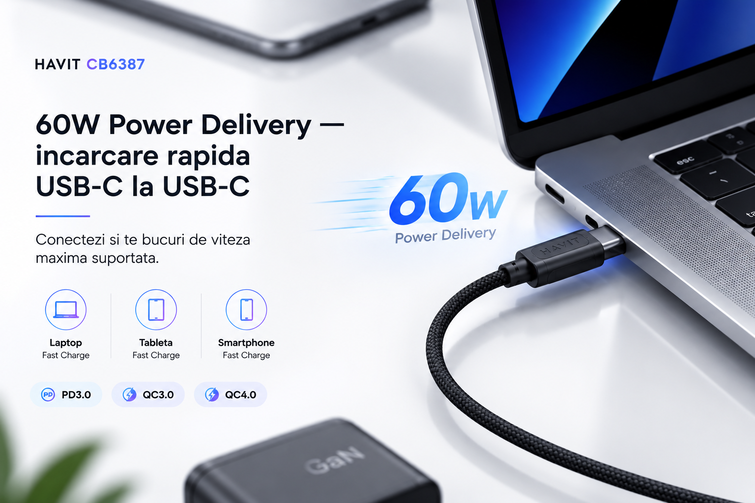 HAVIT CB6387 incarcare rapida 60W PD USB-C specificatii putere